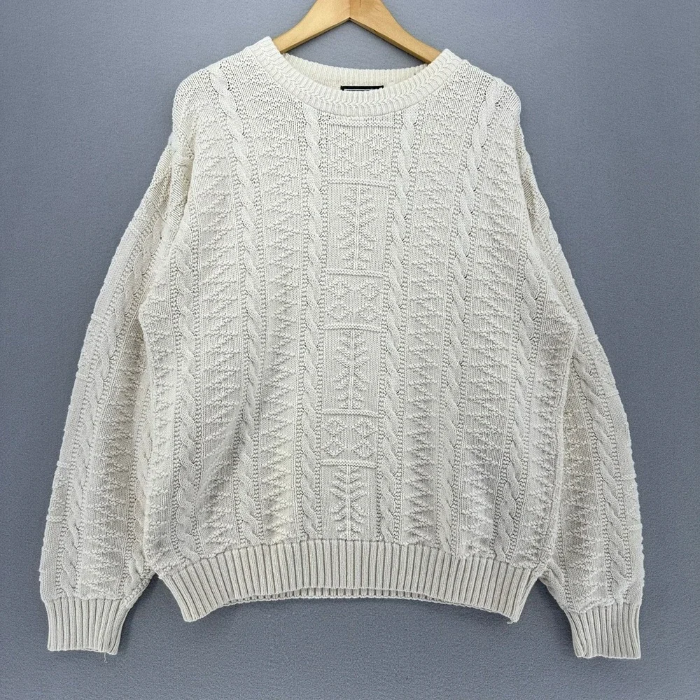 VTG Windsor Shirt Company Cream Cable Knit Tree Motif Sweater SZ L 1990s Cosby - Picture 2 of 8